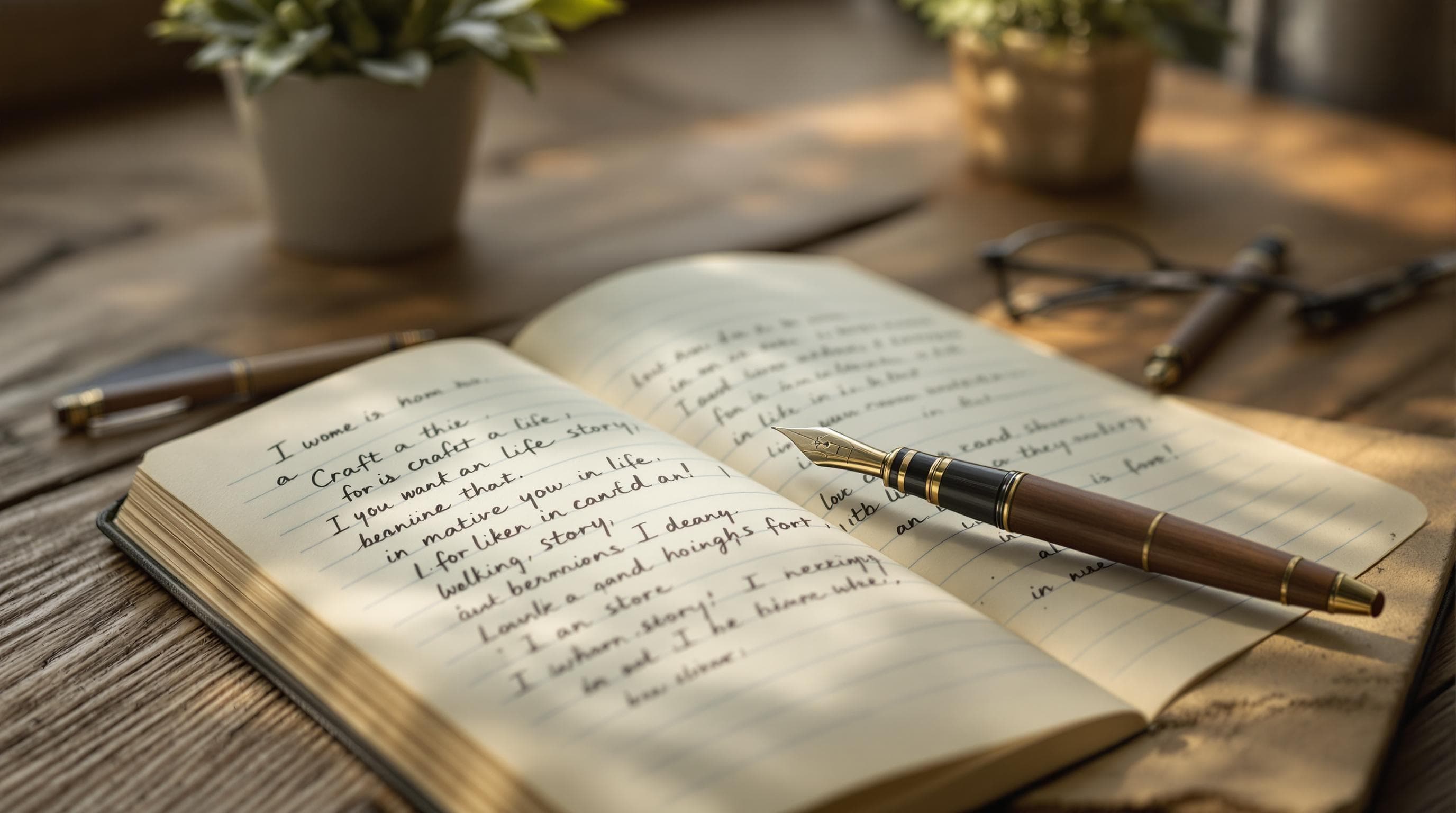 Cuaderno abierto con notas manuscritas y una pluma.