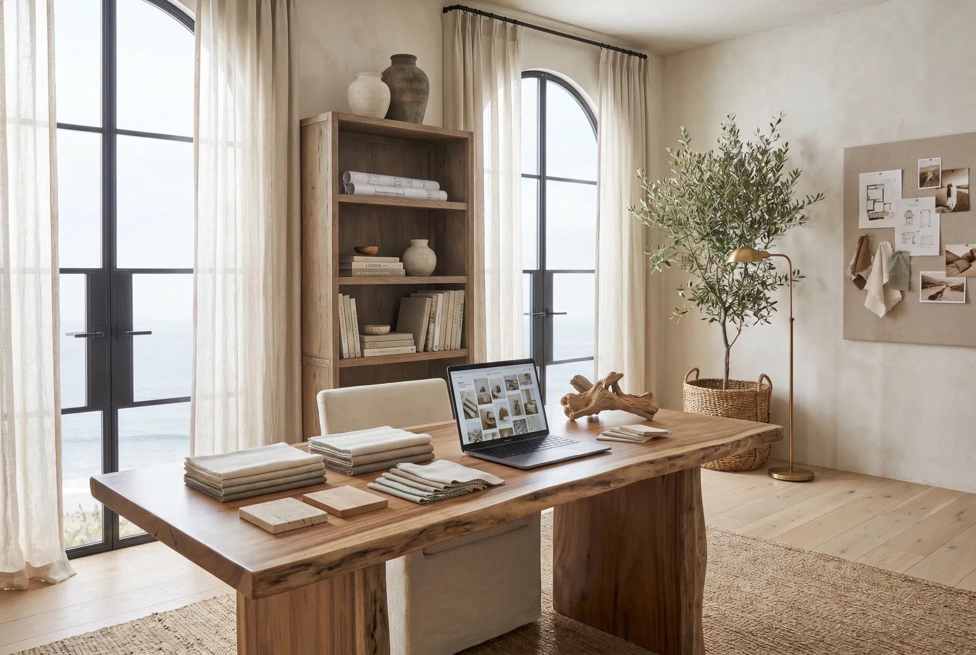 Espacio de trabajo luminoso con escritorio, librero y computadora portátil.